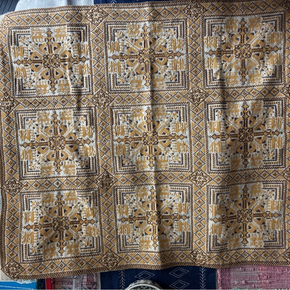 Intricate Geometric Patterned cross stitched table topper or wall piece